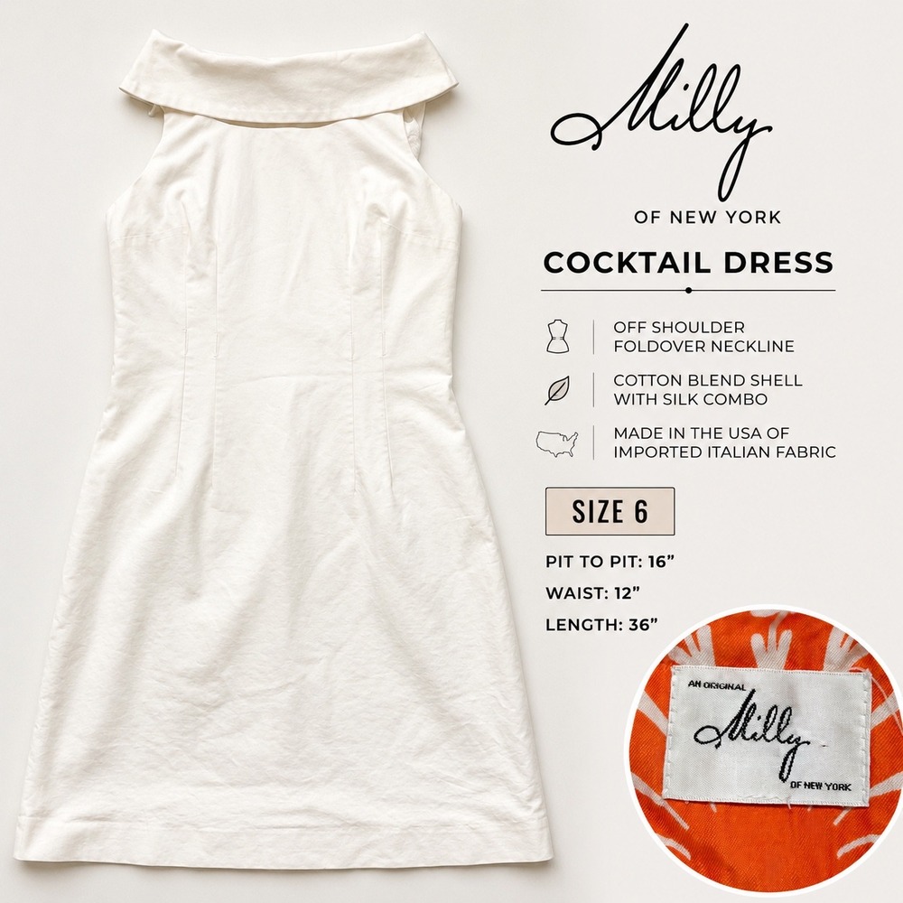 Milly Sheath Dress Portrait Collar White Womens Elegant Classic Cocktail Luxe